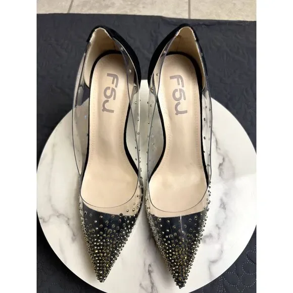FSJ Women Studded Pointed Toe Transparent Pumps High Heels Pumps SZ 9.5:NWOB - Picture 6 of 11